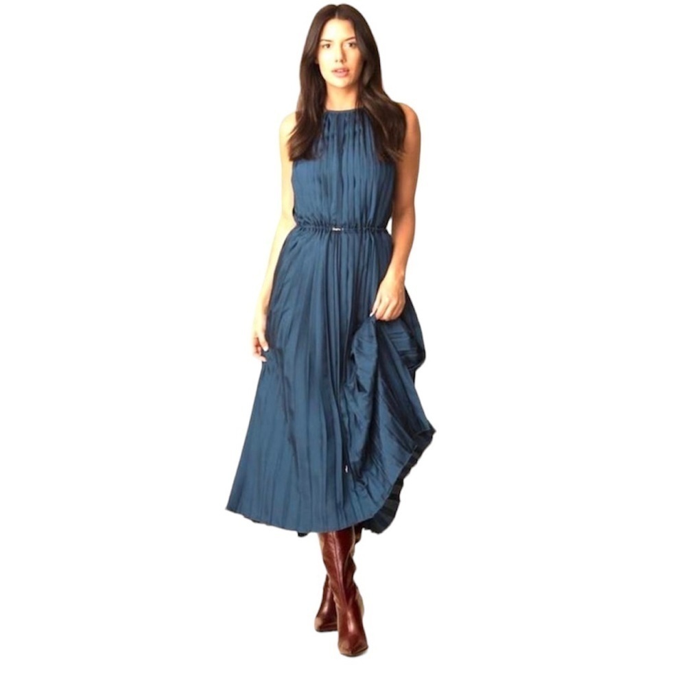 Tibi Teal-Blue Pleated Halter Midi Dress